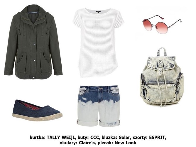 Kurtka TALLY WEIjL: 159,90 pln Buty CCC: 39,90 pln Bluzka Solar: 249 pln Szorty ESPRIT: 249 pln Okulary Claire’s: 39,90 pln Plecak New Look: 129,90 pln