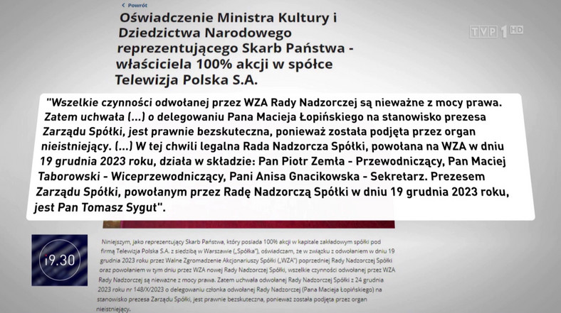 Oświadczenie ministra Sienkiewicza w programi informacyjnym "19.30" (screen)