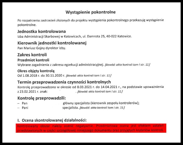 Fragment wystąpienia pokontrolnego w jednostkach podległych Mariuszowi Gojnemu