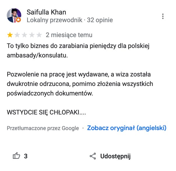 Screenshot komentarza ze strony konsulatu RP w Google Maps