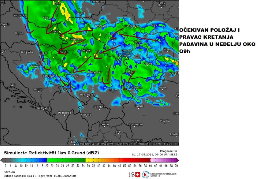 Položaj i kretanje padavina u nedelju oko 9 sati