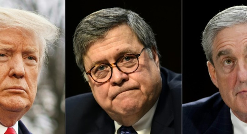 US President Donald Trump (L) is awaiting to hear from Attorney General Bob Barr (C) on the conclusions of Special Counsel Robert Mueller's (R) investigation into Russia's attempt to sway the 2016 presidential election