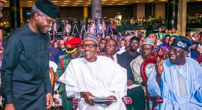 Osinbajo, Tinubu and Buhari share a joke at BAT Colloquium 