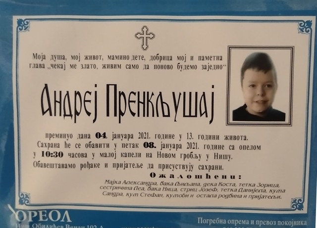 Čitulja nastradalom dečaku Andreju Prekljušaju 
