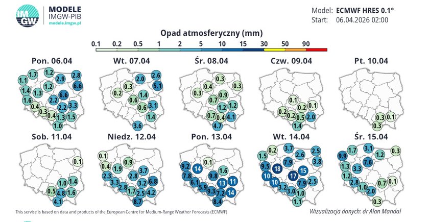 Prognoza na kwiecień 10 dni - opad atmosferyczny.