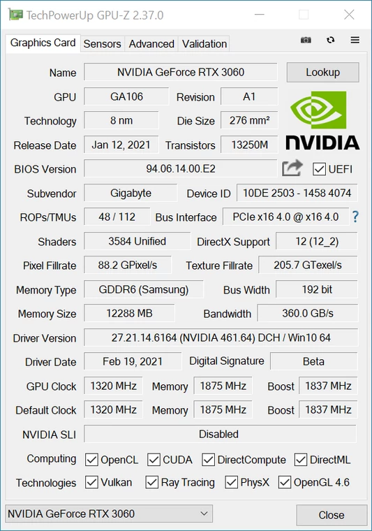 Gigabyte GeForce RTX 3060 GAMING OC – specyfikacja w GPU-Z