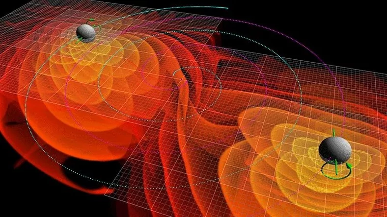 Komputerowa grafika pokazująca kolizję dwóch czarnych dziur i wytwarzanych w tym czasie fal grawitacyjnych