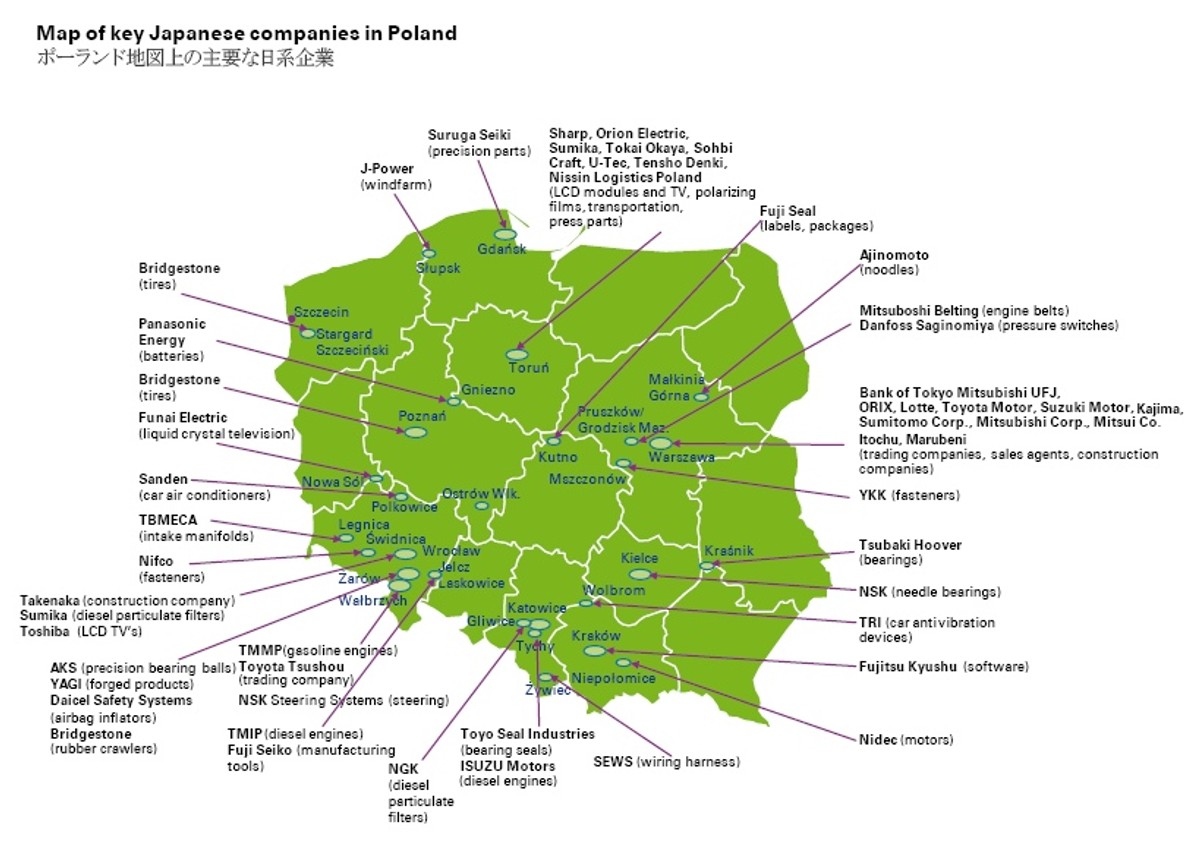 Mapa największych japońskich firm w Polsce, źródło: Raport KPMG "Pozycja Polski jako partnera gospodarczego Japonii"