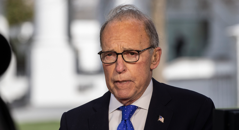 White House chief economic adviser Larry Kudlow speaks during a television interview at the White House, Friday, April 10, 2020, in Washington. (AP Photo/Alex Brandon)