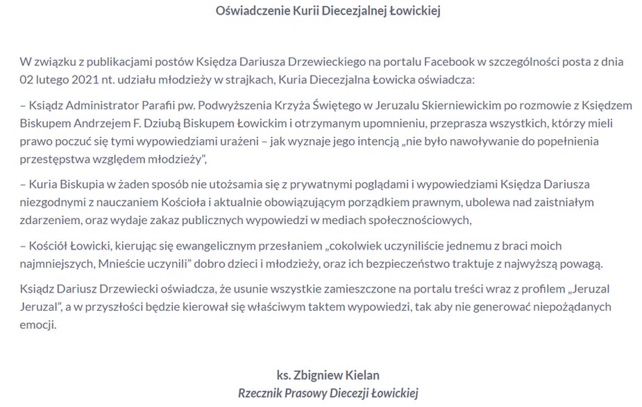 Oświadczenie kurii ws. zachowania ks. Drzewieckiego z lutego 2021 r.