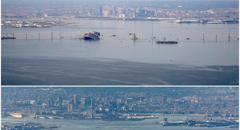 The Dali cargo vessel which crashed into the Francis Scott Key Bridge causing it to collapse on March 26, 2024 (top) and a ship sailing under the Francis Scott Key Bridge, in Baltimore, Maryland, US, March 24, 2024.REUTERS/Nathan Howard and Tom Brenner