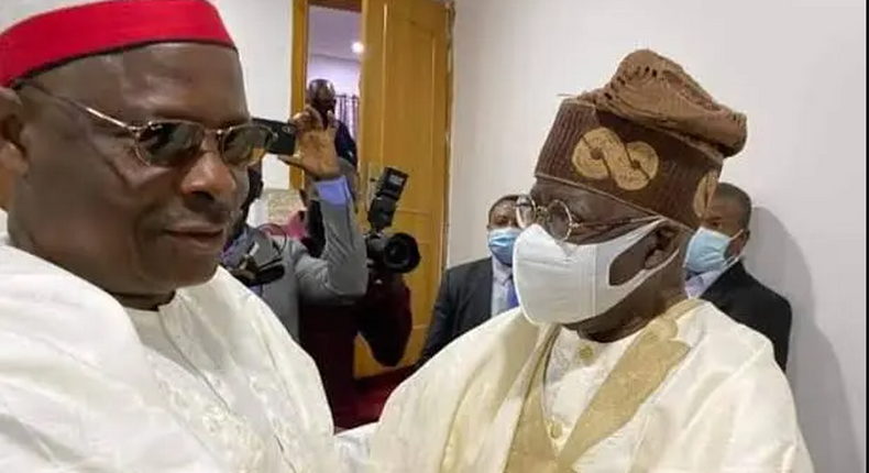 Presidential candidates of the APC and NNPP, Bola Tinubu and Musa Kwankwaso captured in a warm embrace. [Daily Trust]