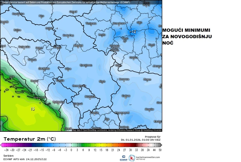 Moguće minimalne temperature vazduha za Novu godinu