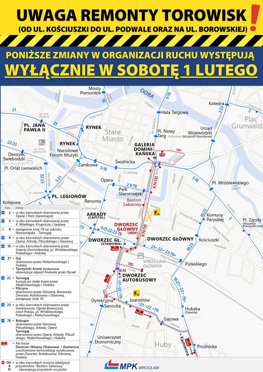 Zmiany w sobotę w kursowaniu tramwajów