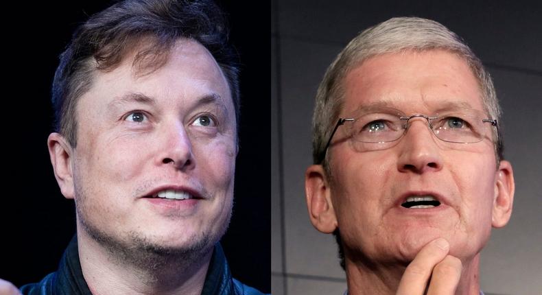 Tesla CEO Elon Musk and Apple CEO Tim Cook.
