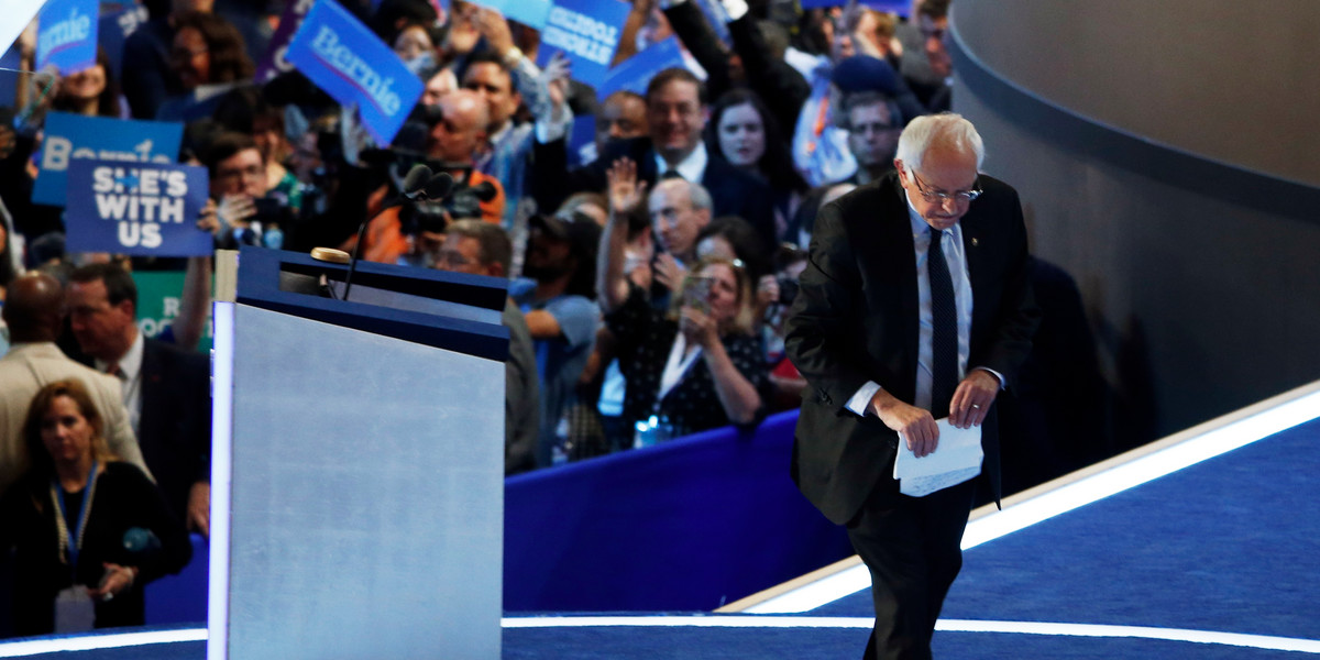 Sen. Bernie Sanders leaves the stage after addressing the Democratic National Convention in Philadelphia, Pennsylvania, on July 25.