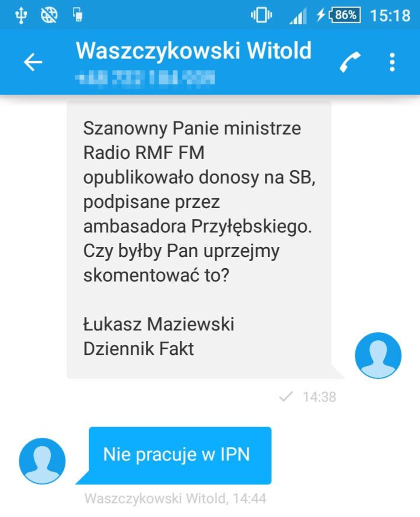 Oto początek korespondencji dziennikarza Faktu z ministrem