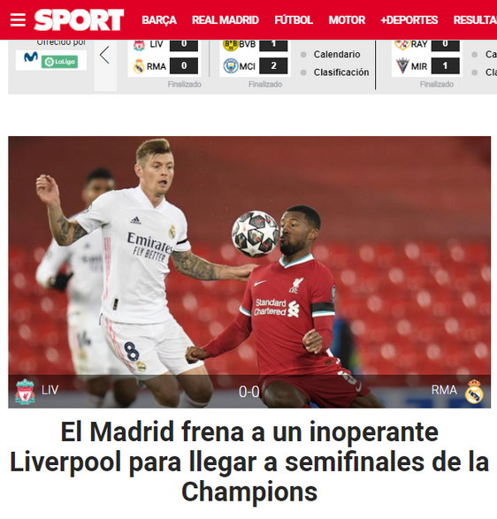"Sport" po meczu Liverpool FC - Real Madryt