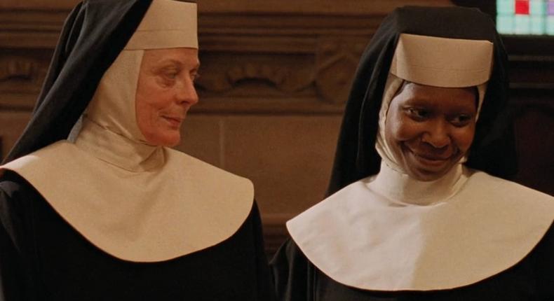 Maggie Smith as Mother Superior and Whoopi Goldberg as Deloris Van Cartier in Sister Act.Touchstone Pictures
