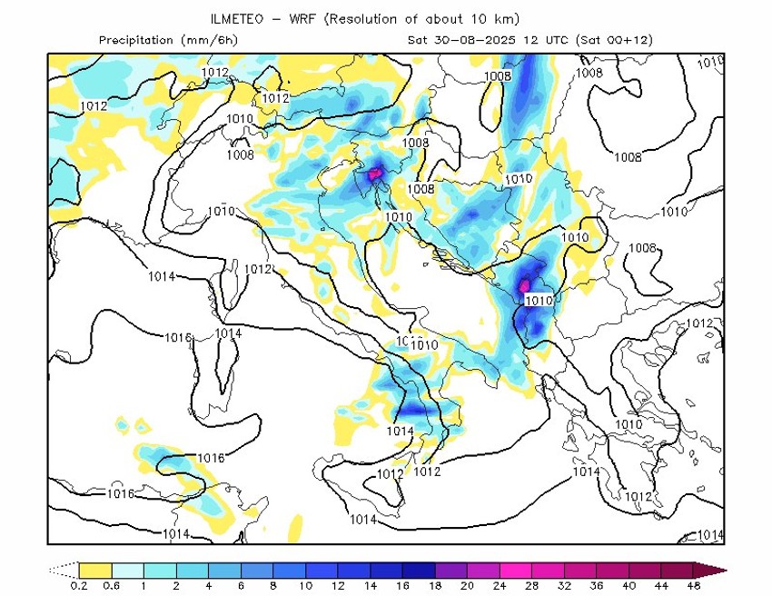 Mapa padavina za subotu