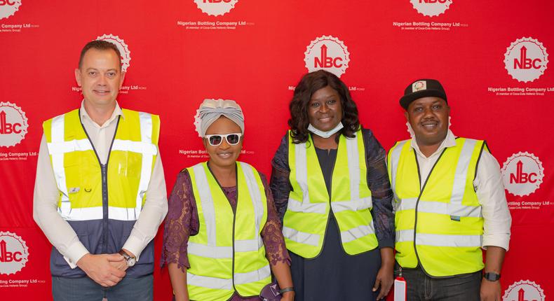 L-R: Matthieu Seguin, Managing Director, Nigerian Bottling Company (NBC) Ltd.; Mrs Oluwatoyin Agbenla, Federal Controller of Environment in Lagos State Federal Ministry of Environment; Mrs Omotunde Adeola, Deputy Director, Pollution Control and Environment Health Department at the Lagos State Federal Ministry of Environment and Ikechukwu Ekeleme, NBC Ikeja Plant Manager, during the media tour held recently at NBC Ikeja Plant to showcase NBC's renewable energy investments across its manufacturing plants