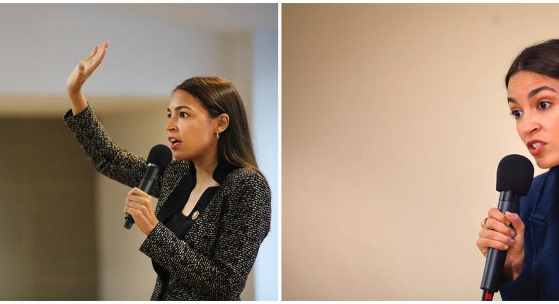 AOC collage U.S. Rep. Alexandria Ocasio-Cortez (D-NY) speaks at a public housing town hall at a New York City Housing Authority (NYCHA) residence on August 29, 2019