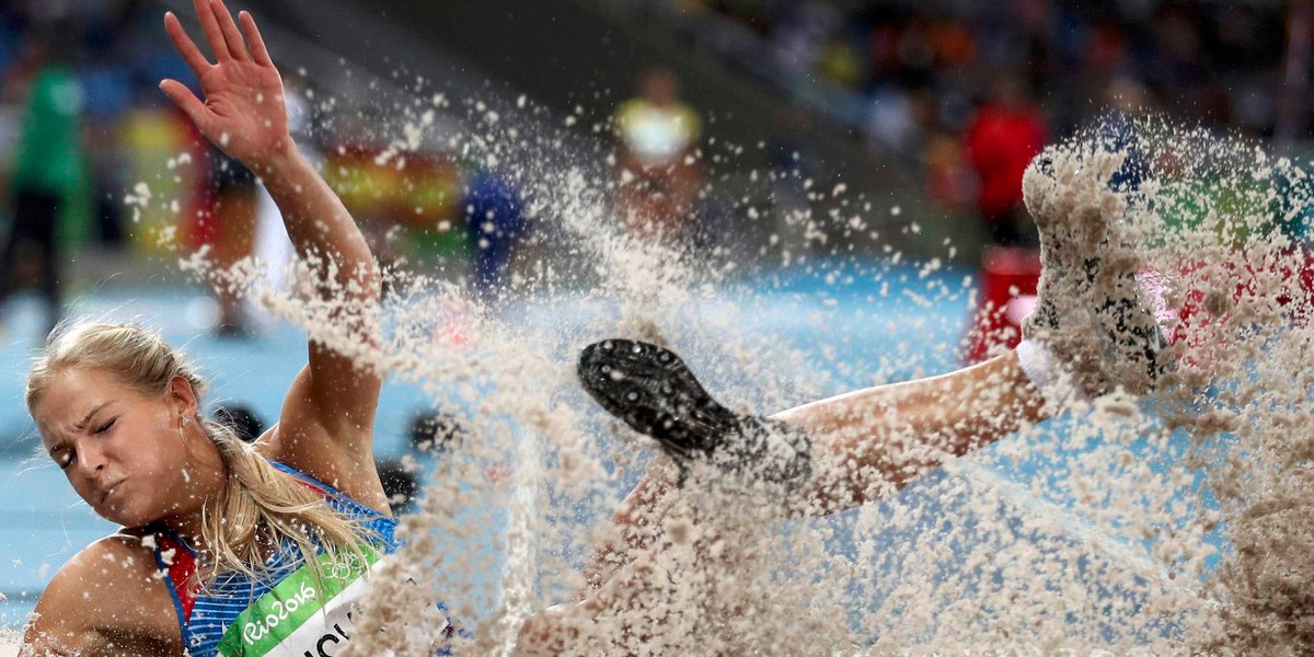 Darya Klishina of Russia competing in the women's long jump at the 2016 Rio Olympics.