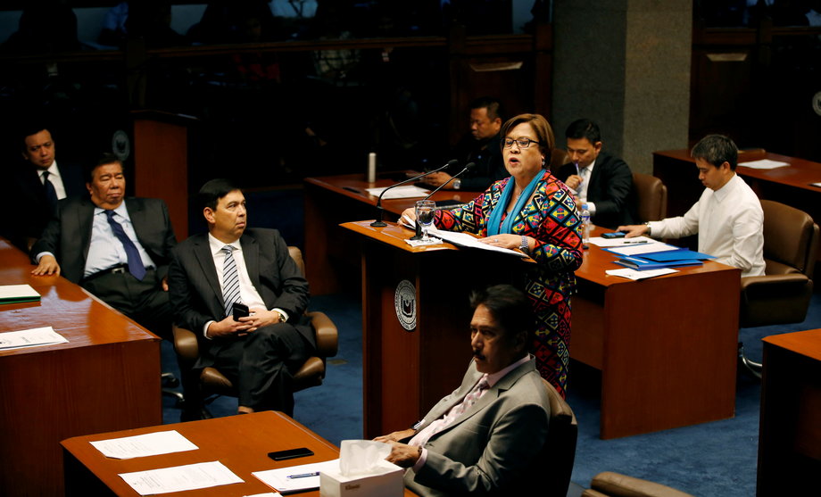 Philippine Senator Leila de Lima delivers a privilege speech at the Senate in Pasay City, Metro Manila, Philippines, September 20, 2016.