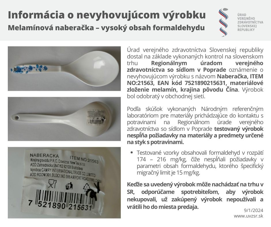 ÚVZ upozorňuje na nevyhovujúcu melamínovú naberačku.