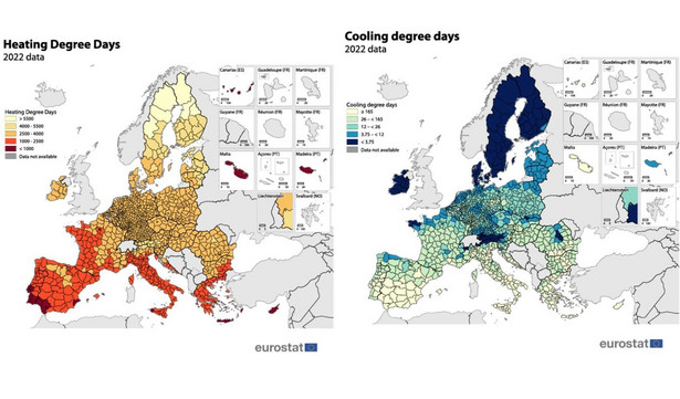 Wartość stopniodni ogrzewania i chłodzenia w Europie