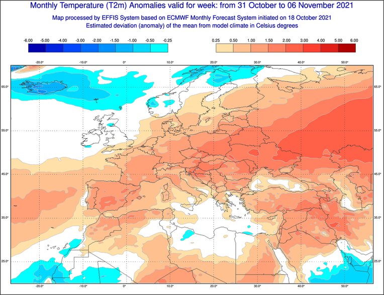 Prognozowane odchylenie temperatury od średniej (31.10-06.11)