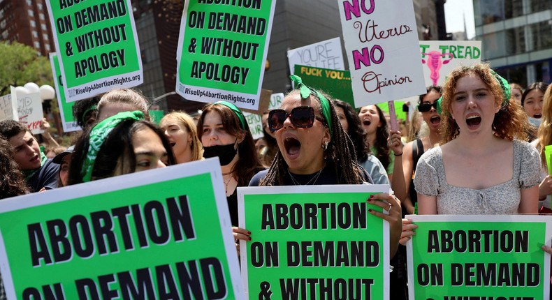 People protest in favour of abortion rights in Union Square, New York City.