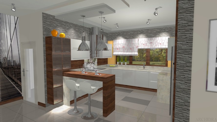 Meble kuchenne są w ciepłych barwach, natomiast charakteru kuchni dodaje szary, prosto cięty kamień i przemysłowe lampy nad barkiem, a także reflektorki zamiast tradycyjnego, punktowego oświetlenia.