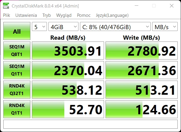 HP OMEN 16 (16-c0114nw) – CrystalDiskMark 8 – szybkość nośnika SSD