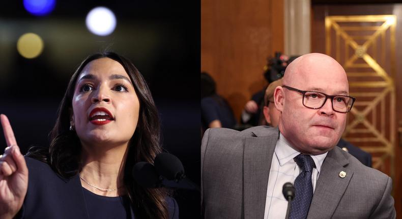 Rep. Alexandria Ocasio-Cortez of New York, left, and Teamsters President Sean O'Brien.Justin Sullivan/Getty Images; Kevin Dietsch/Getty Images