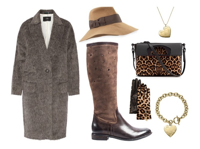 Wełniany płaszcz Malene Birger, brązowe kozaki Carinii z zamszową cholewką zdobioną kryształkami Swarovskiego, torebka z lamparcim printem Christian Louboutin, kapelusz Eric Javits, rękawiczki w lamparcie cętki Diane von Furstenberg, naszyjnik i bransoletka Michael Kors