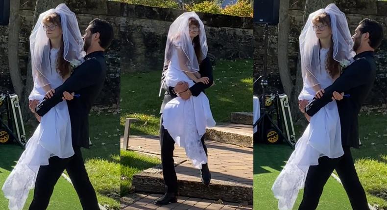 Groom carries bride’s twin sister with a disability like a baby to wedding venue (video)