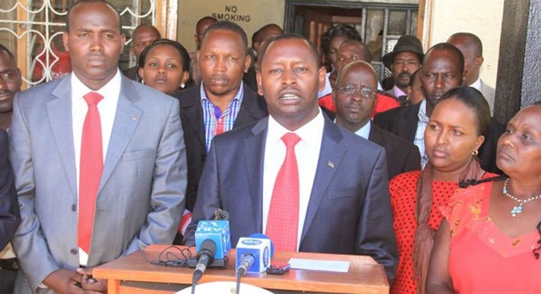 Samburu County Governor Moses Lenolkulal addresses a press conference at Maralal town.