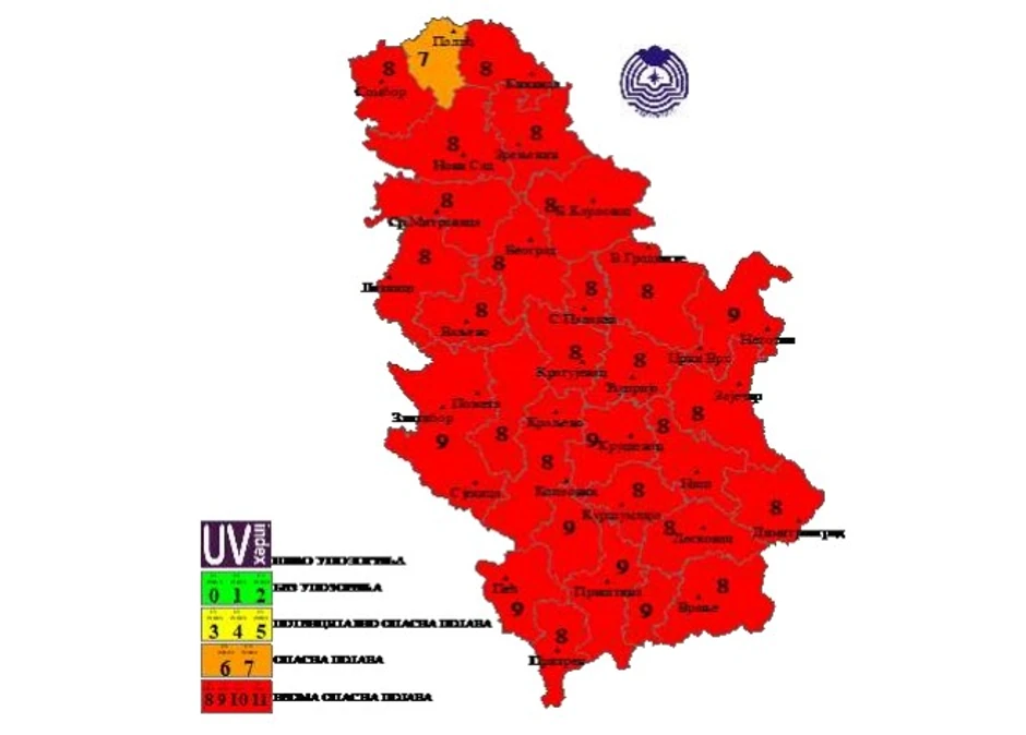 Mapa UV indeksa za nedelju, 2. avgust