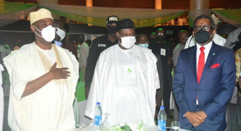 L-R: Chairman, Governing Board, National Lottery Regulatory Commission, Abdulfatai Ibikunle; Minister of Special Duties and Intergovernmental Affairs, Dr George Akume, and Director General, National Lottery Regulatory Commission, Lanre Gbajabiamila at the maiden National Gaming Conference on Wednesday in Lagos.