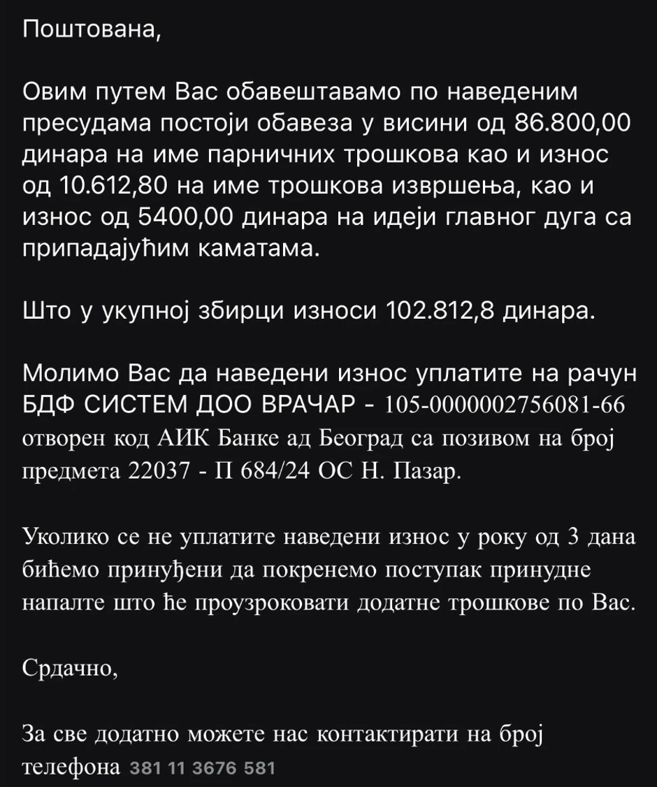 Samohrana majka je dobila dopis da ceo dug plati u roku od tri dana