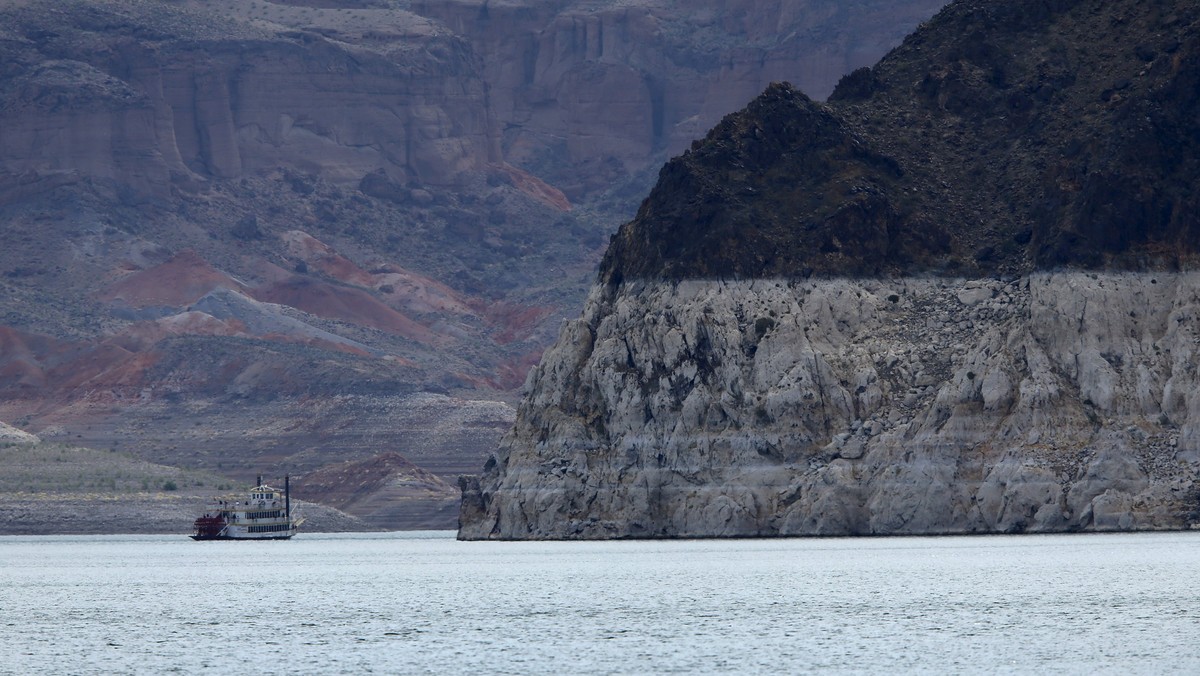 A replica of an old paddle wheeler makes its way along Lake Mead in Nevada