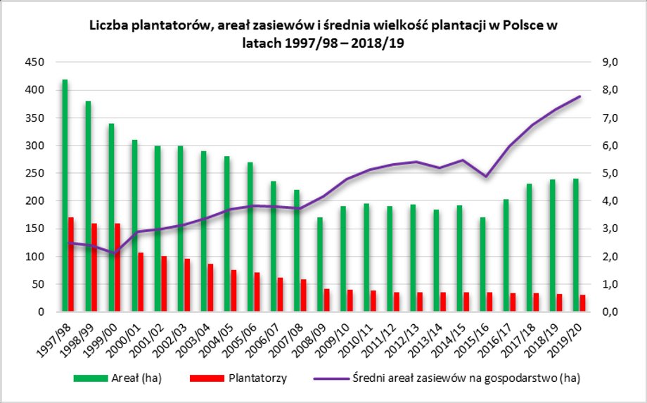 Choć liczba plantatorów sukcesywnie się zmniejsza, wyniki produkcyjne się poprawiają. Polscy producenci zwiększają swoje areały i stają się coraz efektywniejsi.