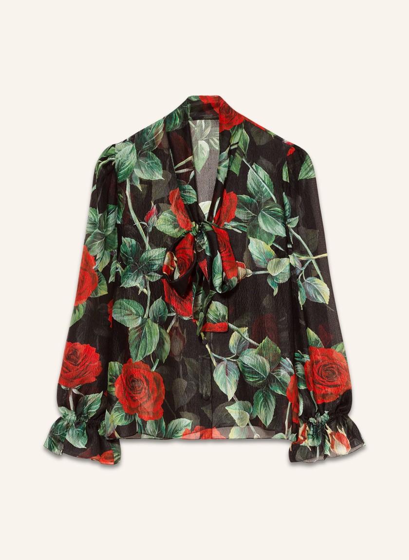 Chemisiers à col lavallière et imprimé fleuri 100% soie de Dolce & Gabbana pour 970 francs, via Breuninger.