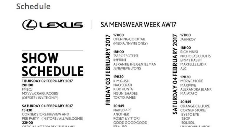 South Africa Menswear Week AW 17 Schedule