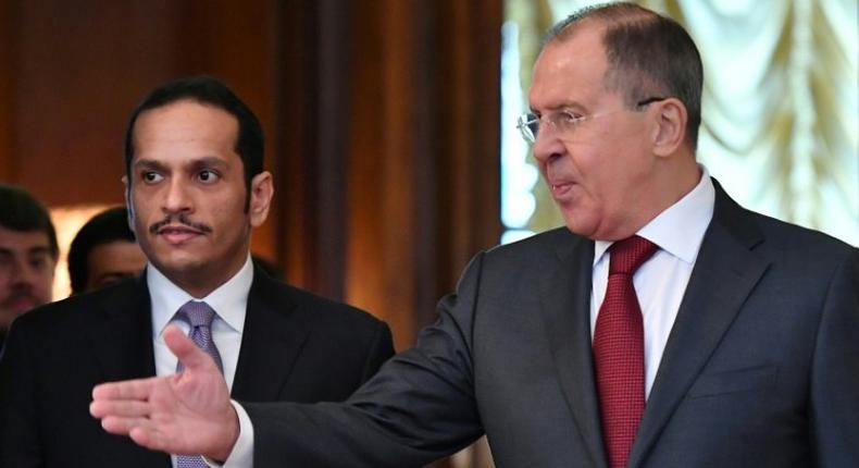 Russian Foreign Minister Sergei Lavrov (R) calls for dialogue at talks in Moscow with Qatari Foreign Minister Mohammed bin Abdulrahman Al-Thani on June 10, 2017 to resolve a dispute between Doha and its Gulf neighbours