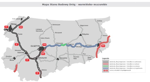 Mapa stanu budowy dróg - woj. warmińsko-mazurskie, źródło: GDDKiA