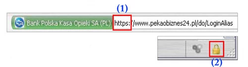 W internecie płacimy kartą tylko wówczas, gdy w adresie  strony jest taki (1) zapis. U dołu strony po prawej lub przy adresie musi być wyświetlona kłódka (2).