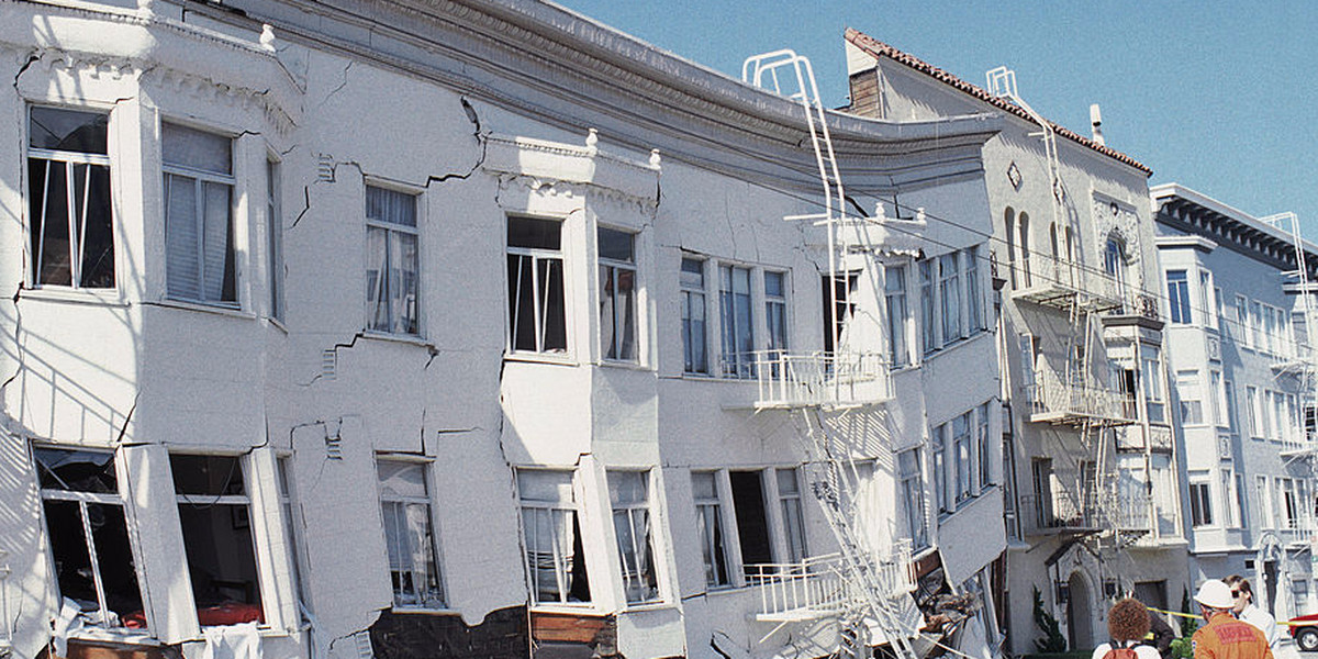 The Marina district disaster zone after the 7.1 magnitude Loma Prieta earthquake on October 17, 1989.