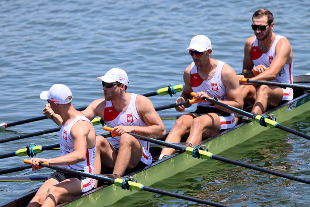 Polska czwórka podwójna w składzie: Dominik Czaja, Wiktor Chabel, Szymon Pośnik i Fabian Barański, po przedbiegach na torze wioślarskim